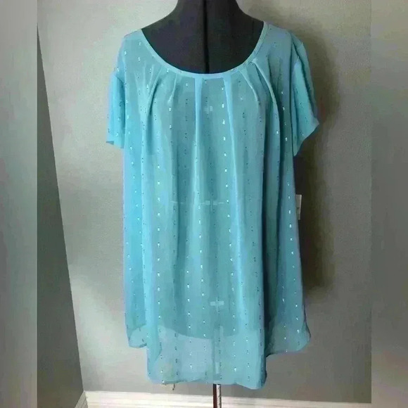 Liz Claiborne Caravan Aqua Wave Sheer Short Sleeve Top 3X - Picture 1 of 10